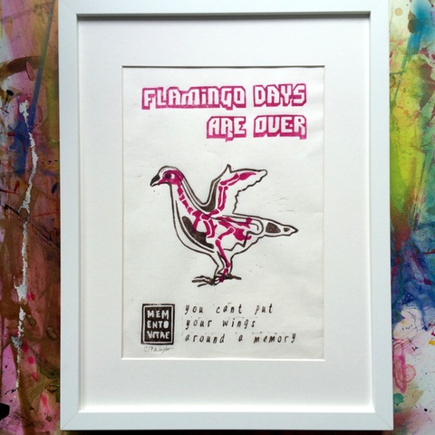 Linoldruck Taube - Flamingo days are over - memento vitae
